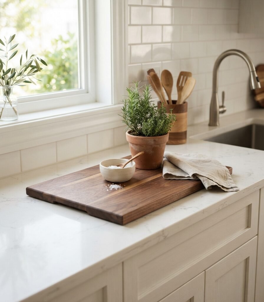 1. Warm White Countertop with a Natural Wood Focal Group
