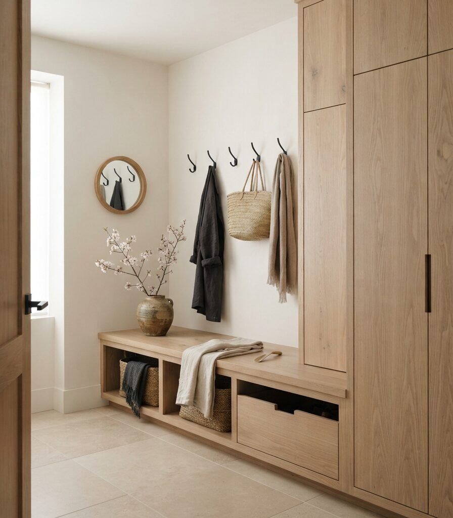 1. Warm White Walls with Pale Oak Storage