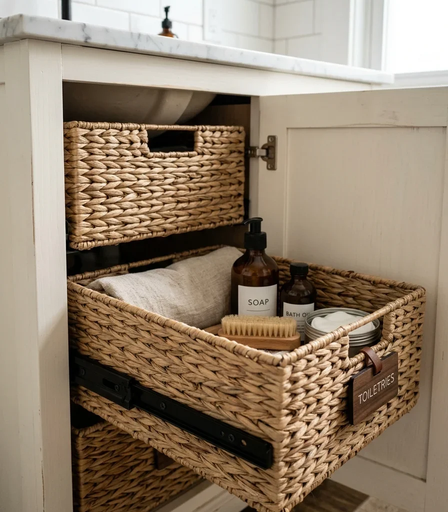 10. Add a Woven Seagrass Under-Sink Pull-Out Basket System