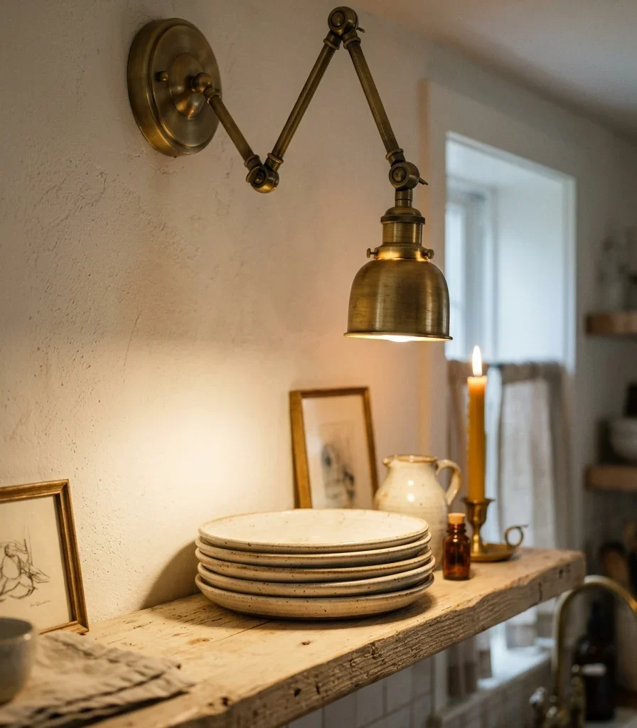 10. Brass Picture Light Over Open Shelves