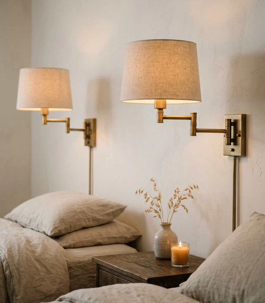 10. Brass Wall Sconces Flanking the Bed