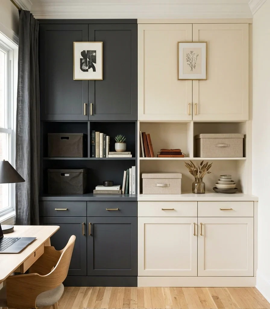 10. Charcoal and Cream Two-Tone Cabinetry for Zoning