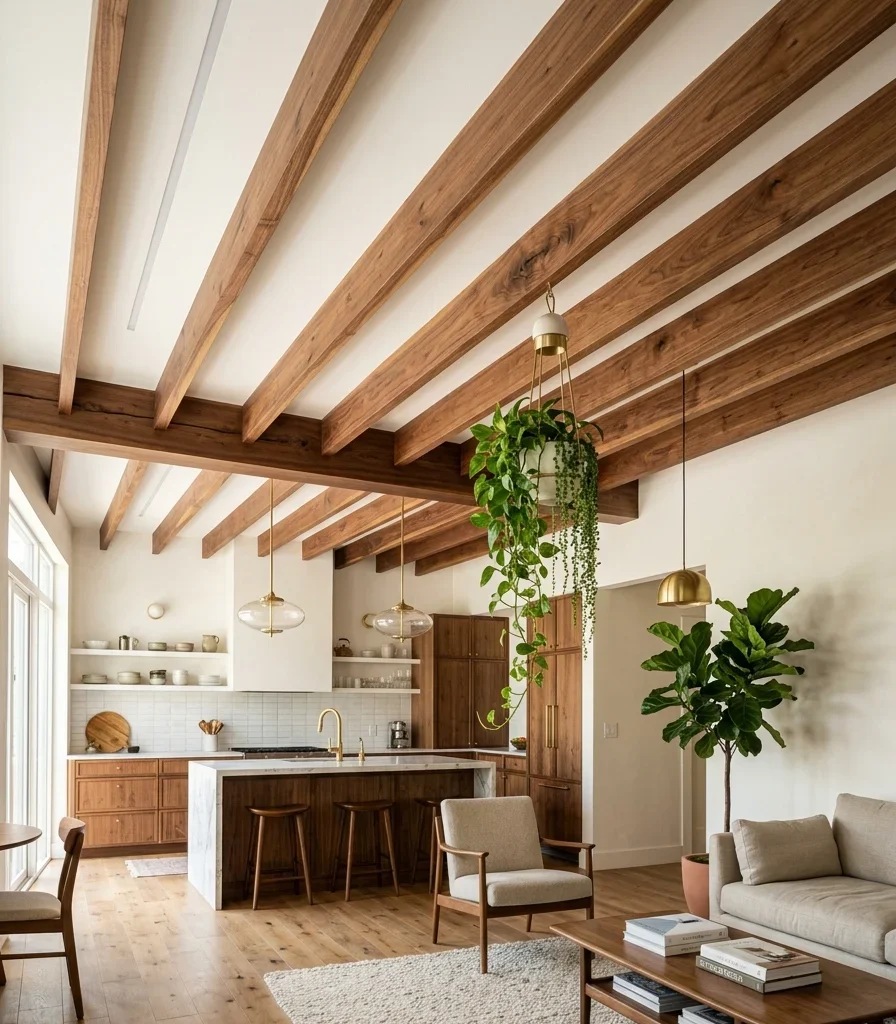 10. Exposed Wood Beams That Run Overhead Through Both Rooms