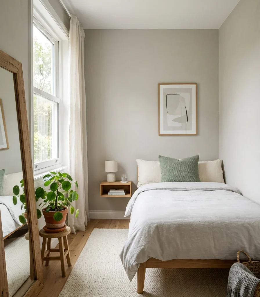 10. Green-Gray Layering Tricks for Small Relaxing Bedrooms