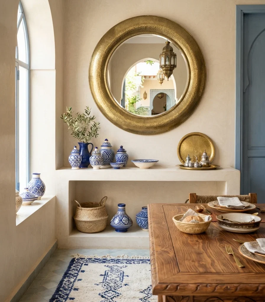 10. Install a Round Brass Mirror Above the Sideboard