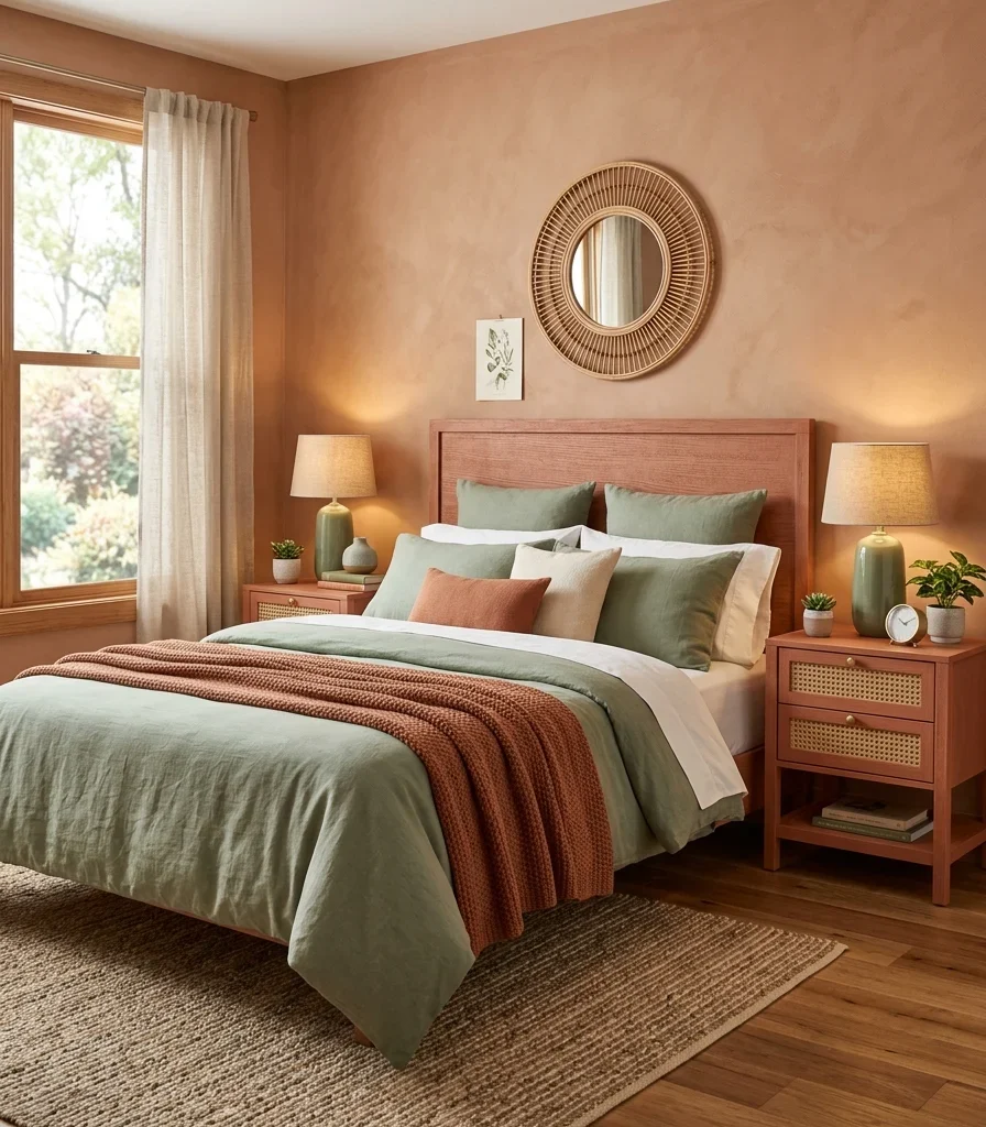 10. Matching Terracotta Nightstands with Woven Fronts