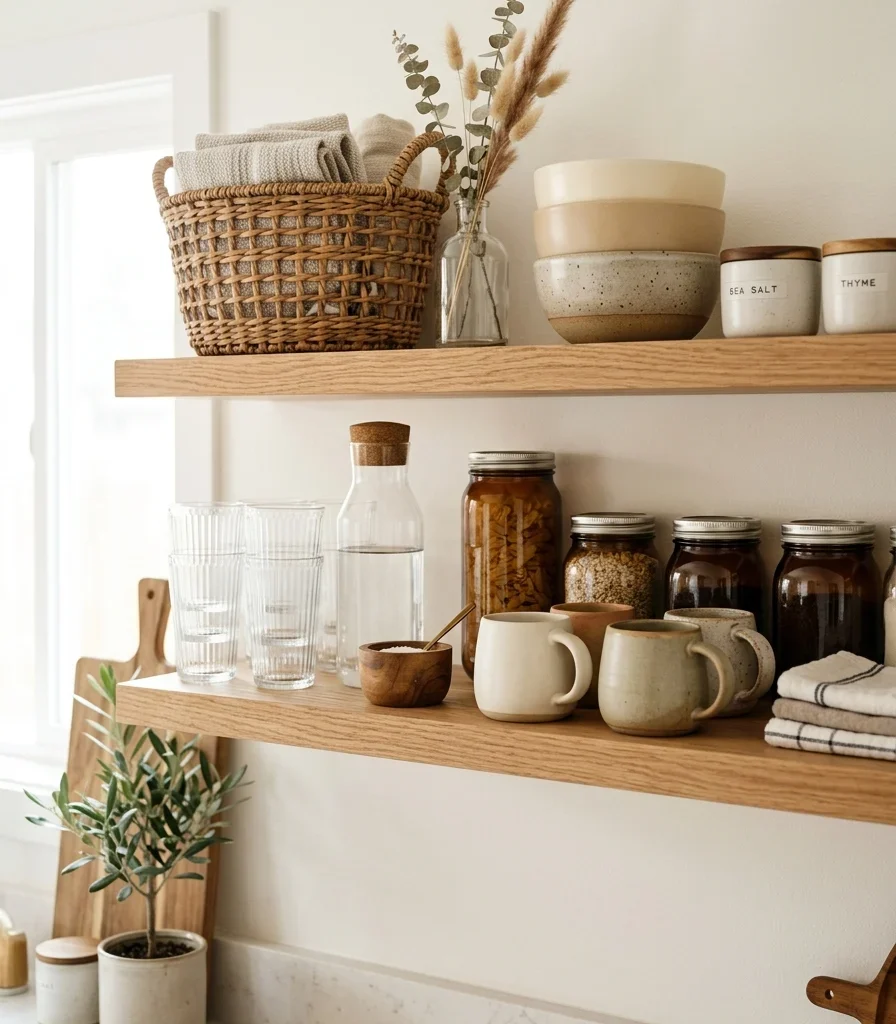 10. Mixed Materials on Open Shelves Add Texture Cabinets Can't