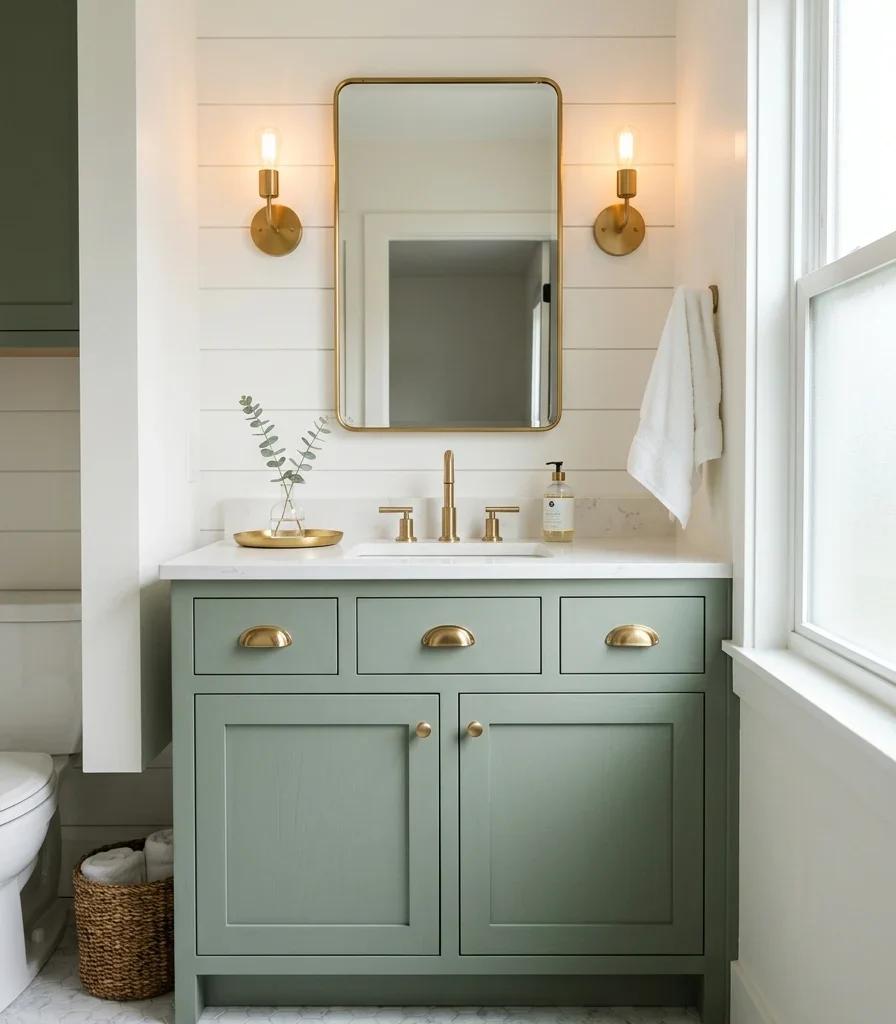 10. Sage Green Cabinetry With Brass Hardware Accents