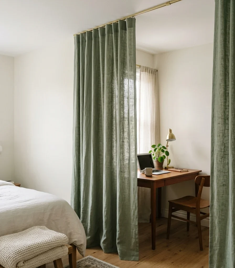 10. Sage Green Curtain to Close Off the Corner When Not in Use