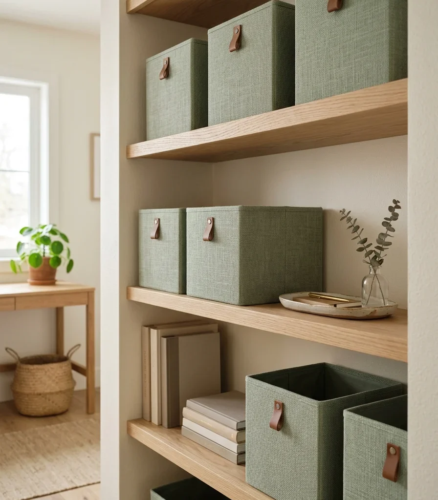 10. Sage Green Storage Boxes That Blend Into Open Shelving