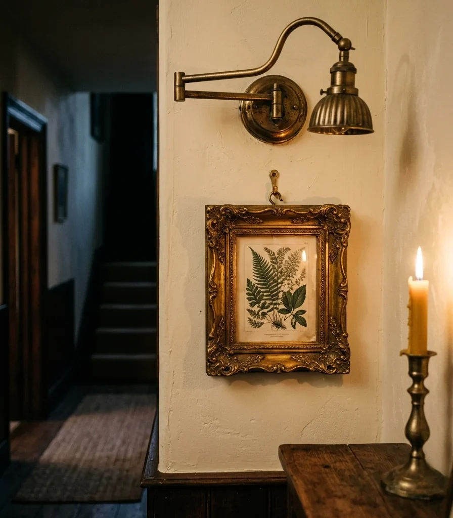 10. Wall-Mounted Brass Picture Lights Over Framed Prints