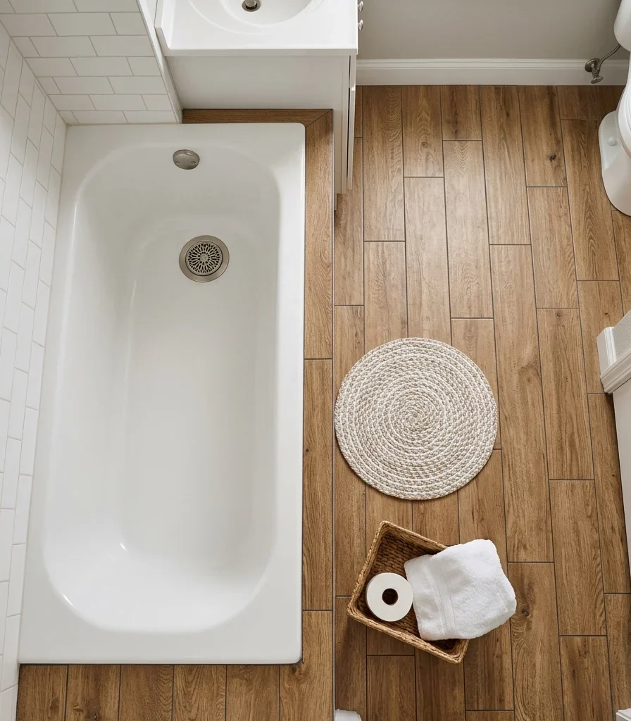 10. Wood-Look Porcelain Flooring That Warms Up the Tub Room
