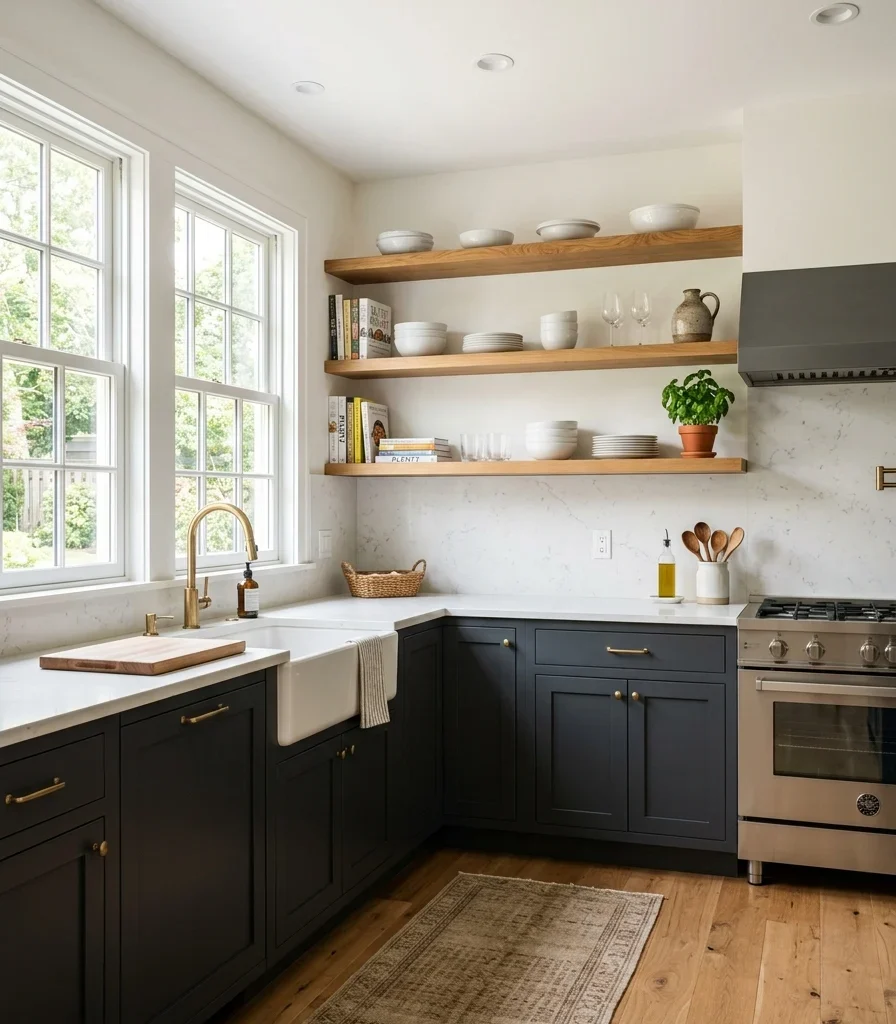 11. A Two-Tone Kitchen Reads Lighter With Open Shelves on Top
