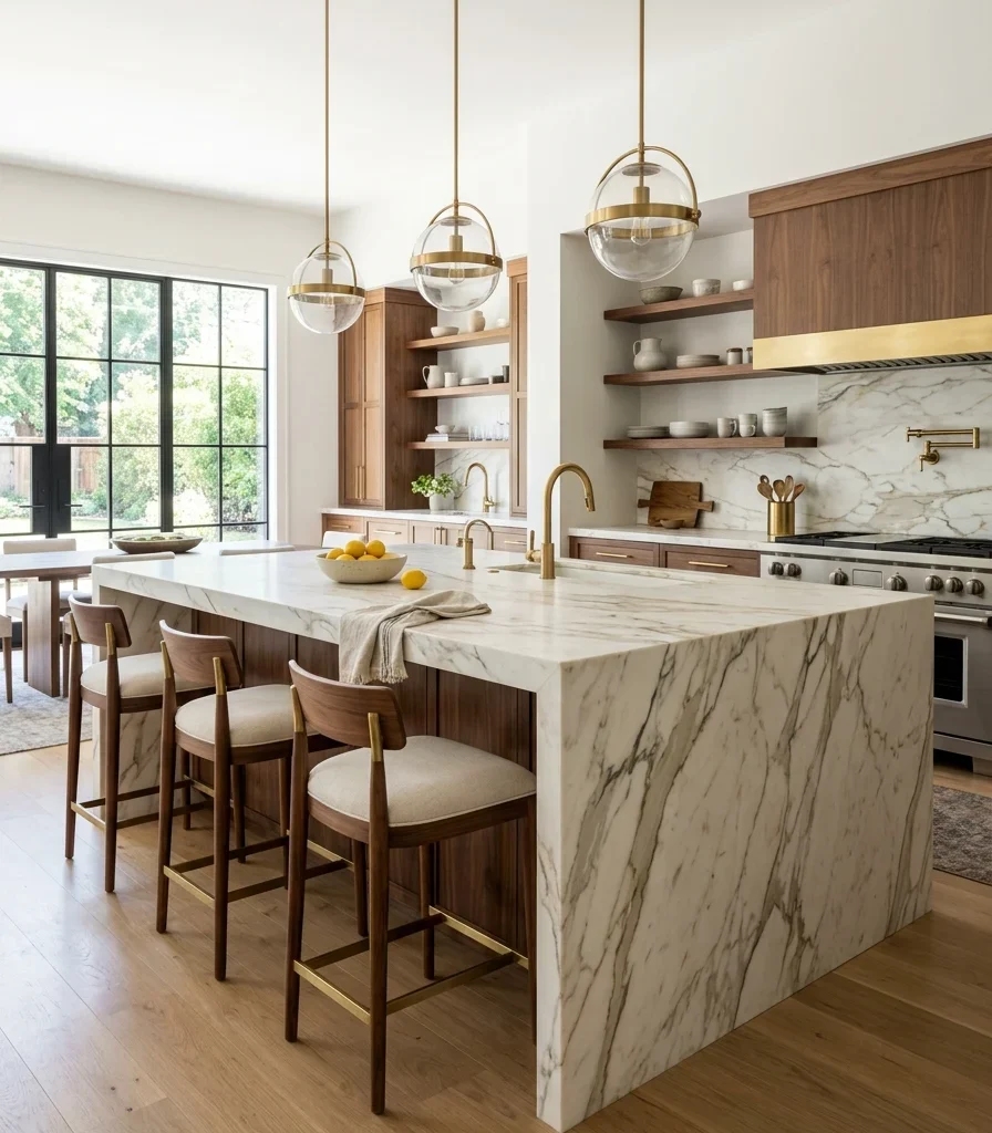 11. A Waterfall Island Countertop as a Room-Defining Anchor