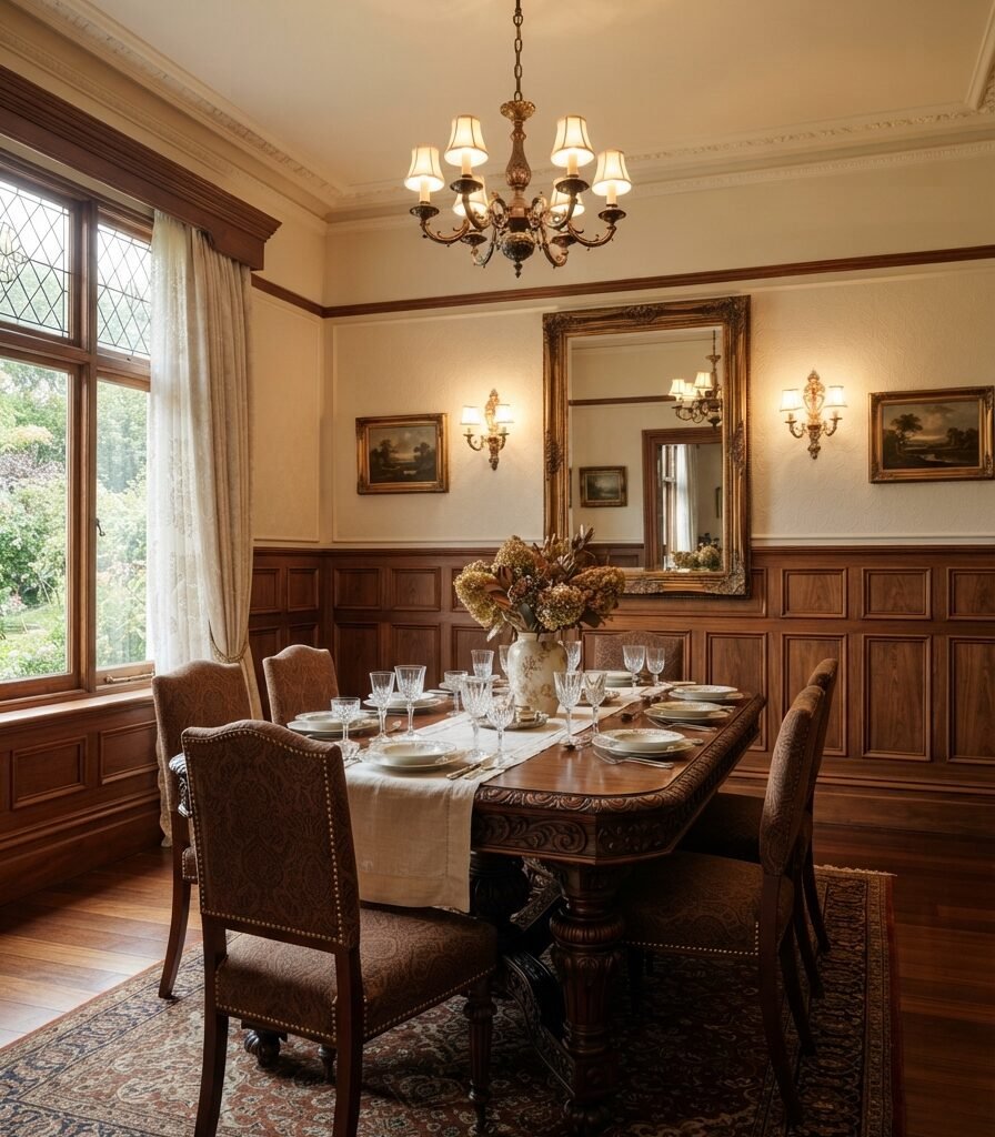 11. Dark Wood Paneling With Picture Rails