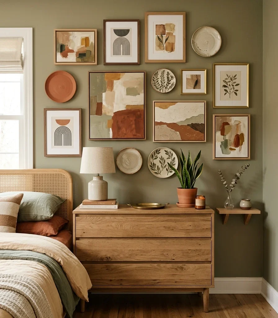 11. Gallery Wall in Earth-Tone Ceramics and Art