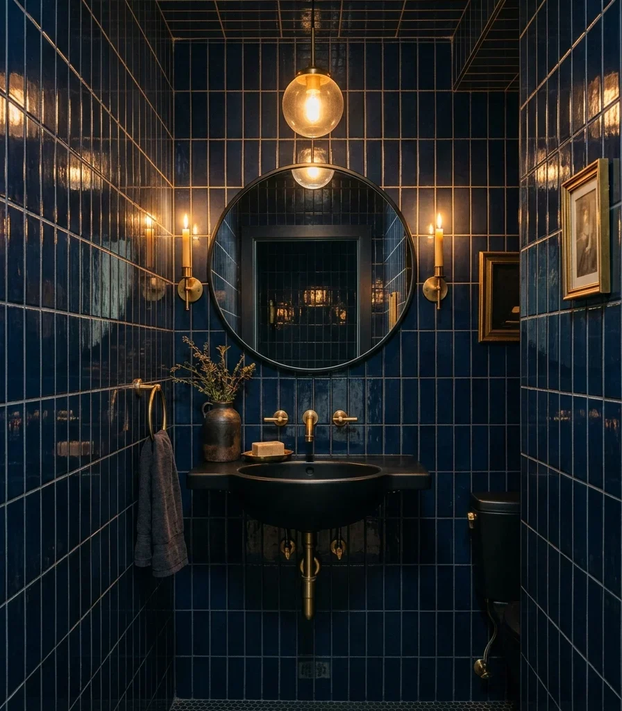 11. Moody Ink-Navy Tile for a Dramatic Powder Room