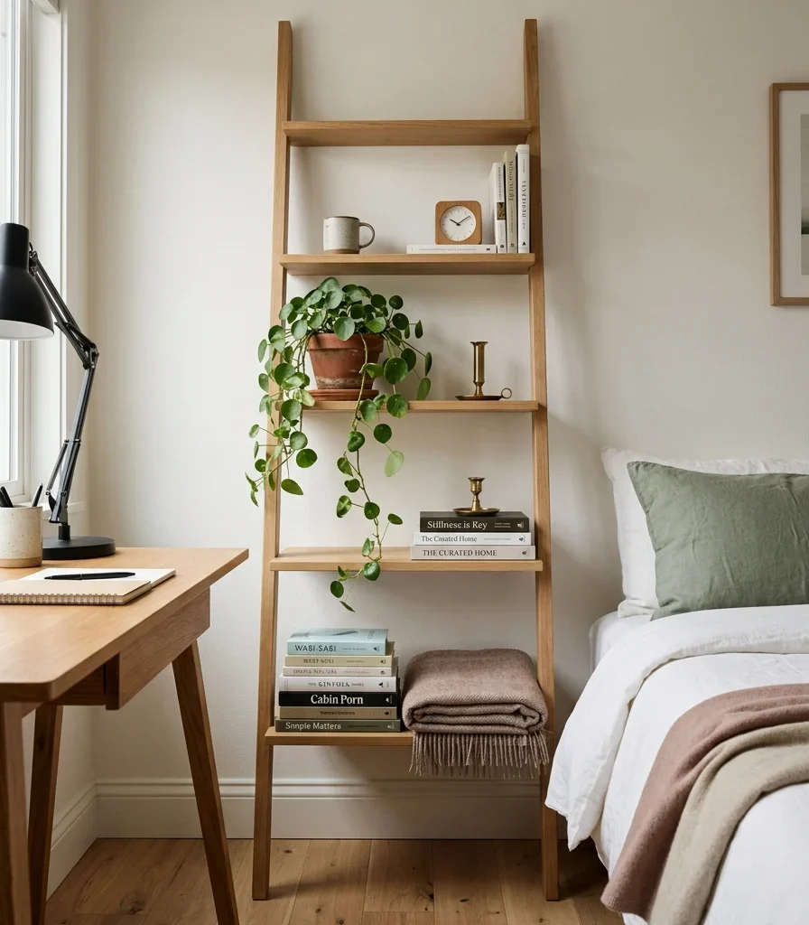 11. Use a Ladder Shelf Instead of a Bulky Bookcase