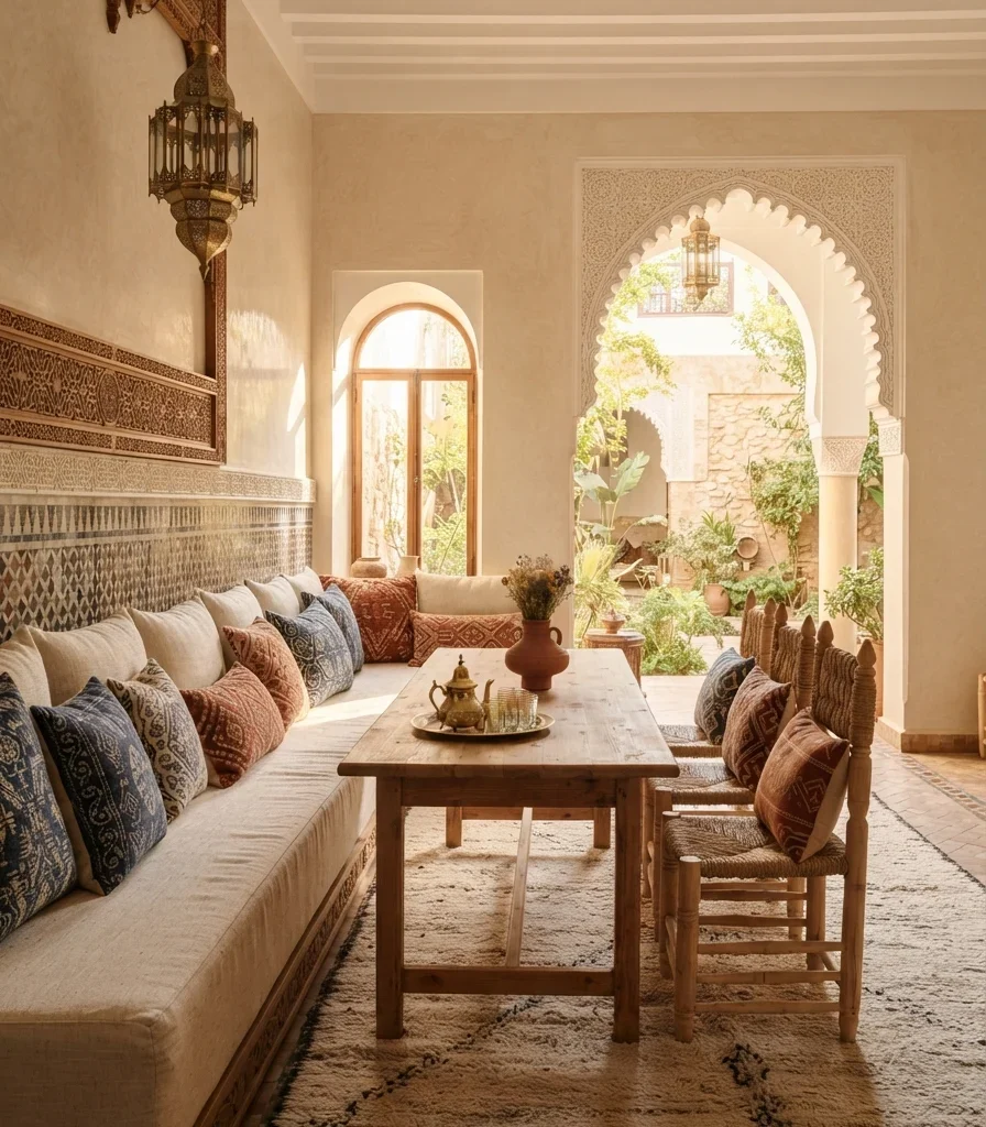 11. Use a Long Banquette for Riad-Inspired Seating