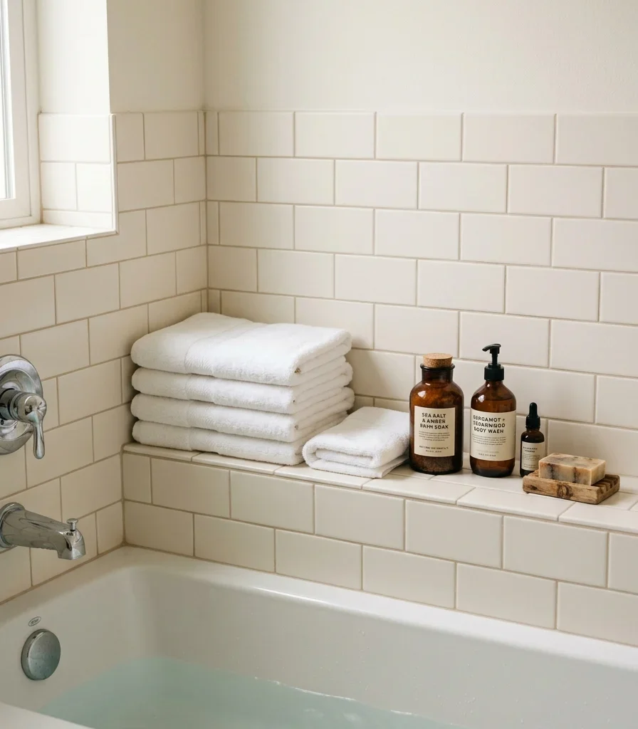 12. A Built-In Tub-Side Shelf Ledge for Storage Without Floor Space