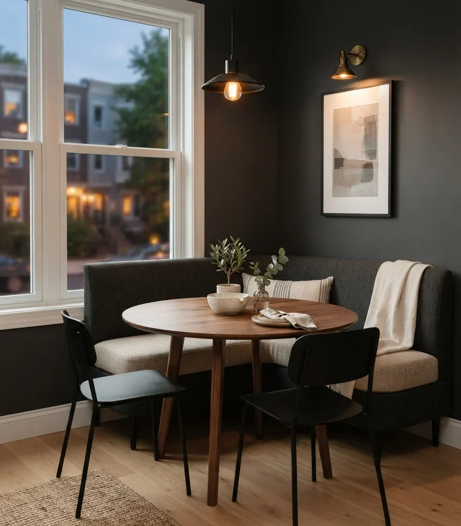 12. Design a Compact Dark Dining Nook With a Round Table