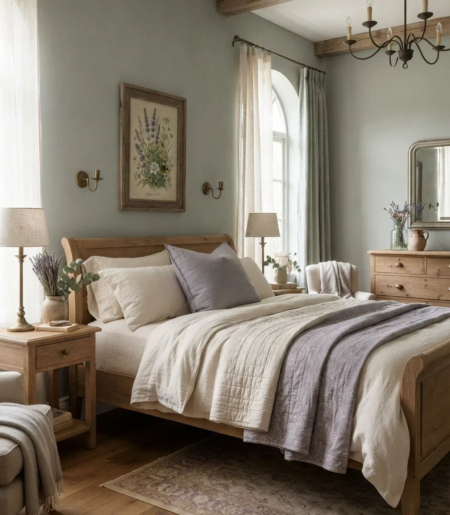 12. Introduce a Soft Sage and Lavender Bedroom Palette