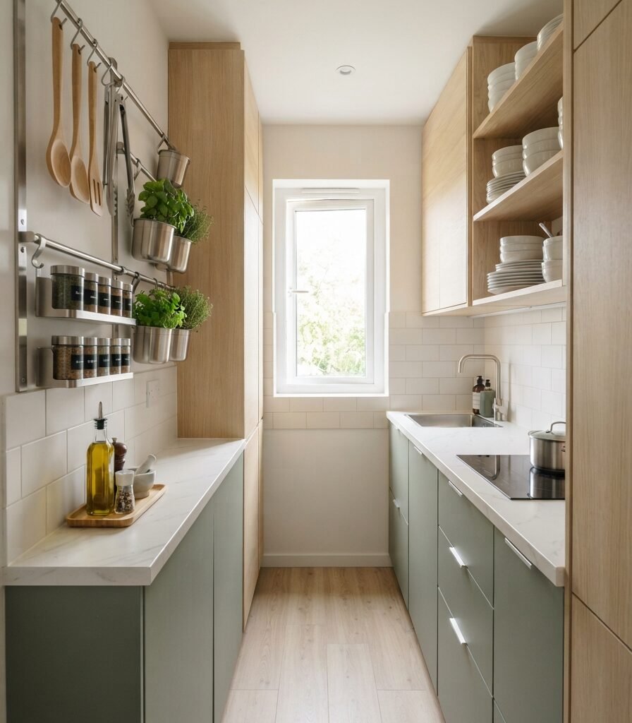 12. Narrow Galley Kitchen Counter with Vertical Storage