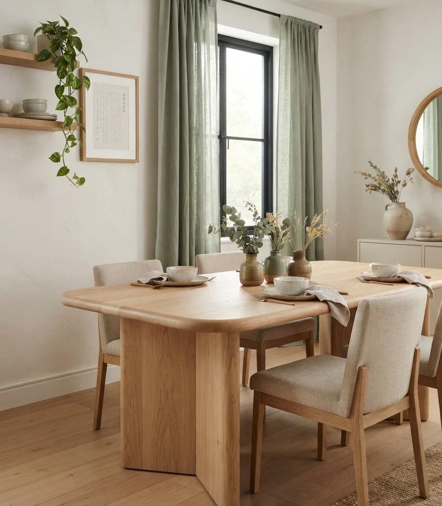 12. Soft Sage Accent in a Japandi Dining Room