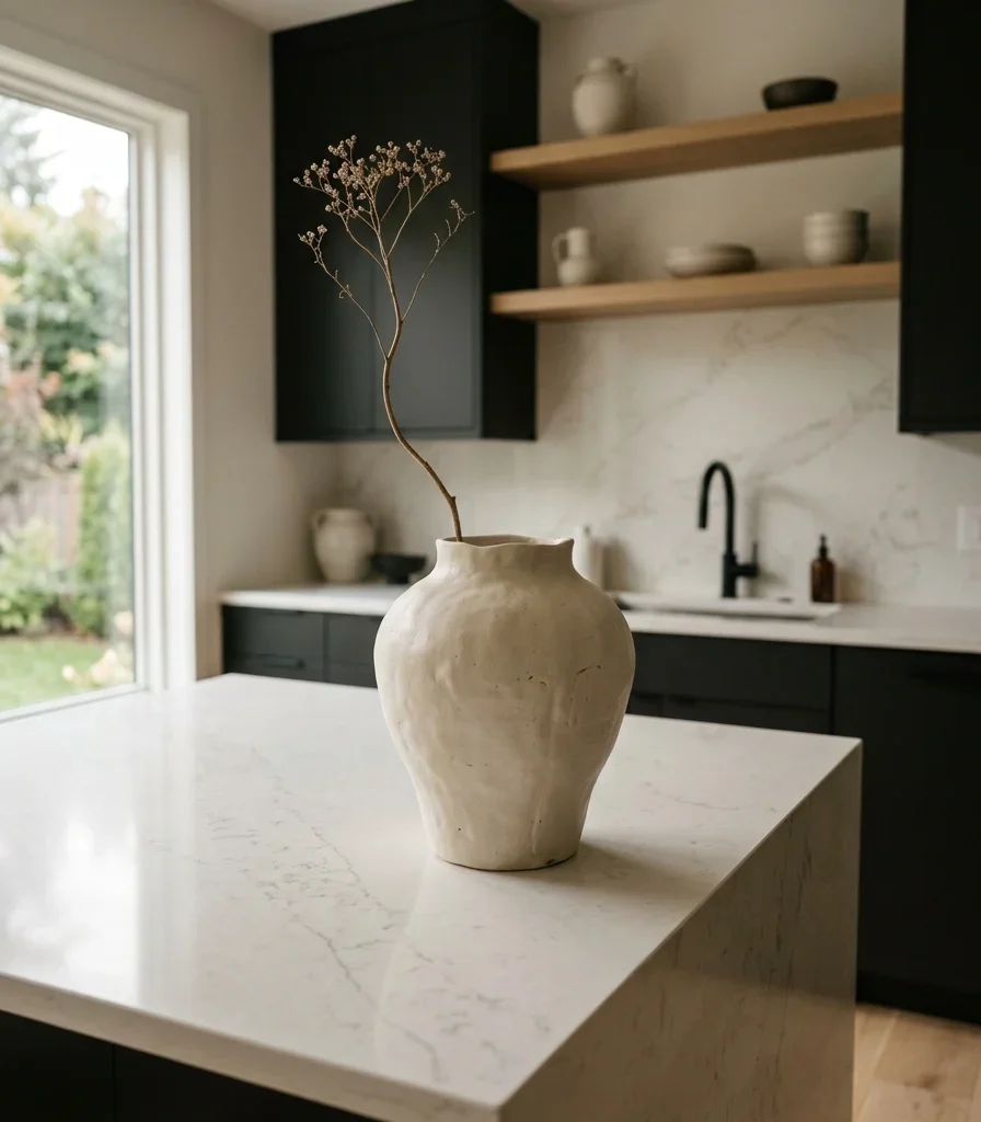 12. Style a Sculptural Ceramic Vase as the Counter's Focal Point