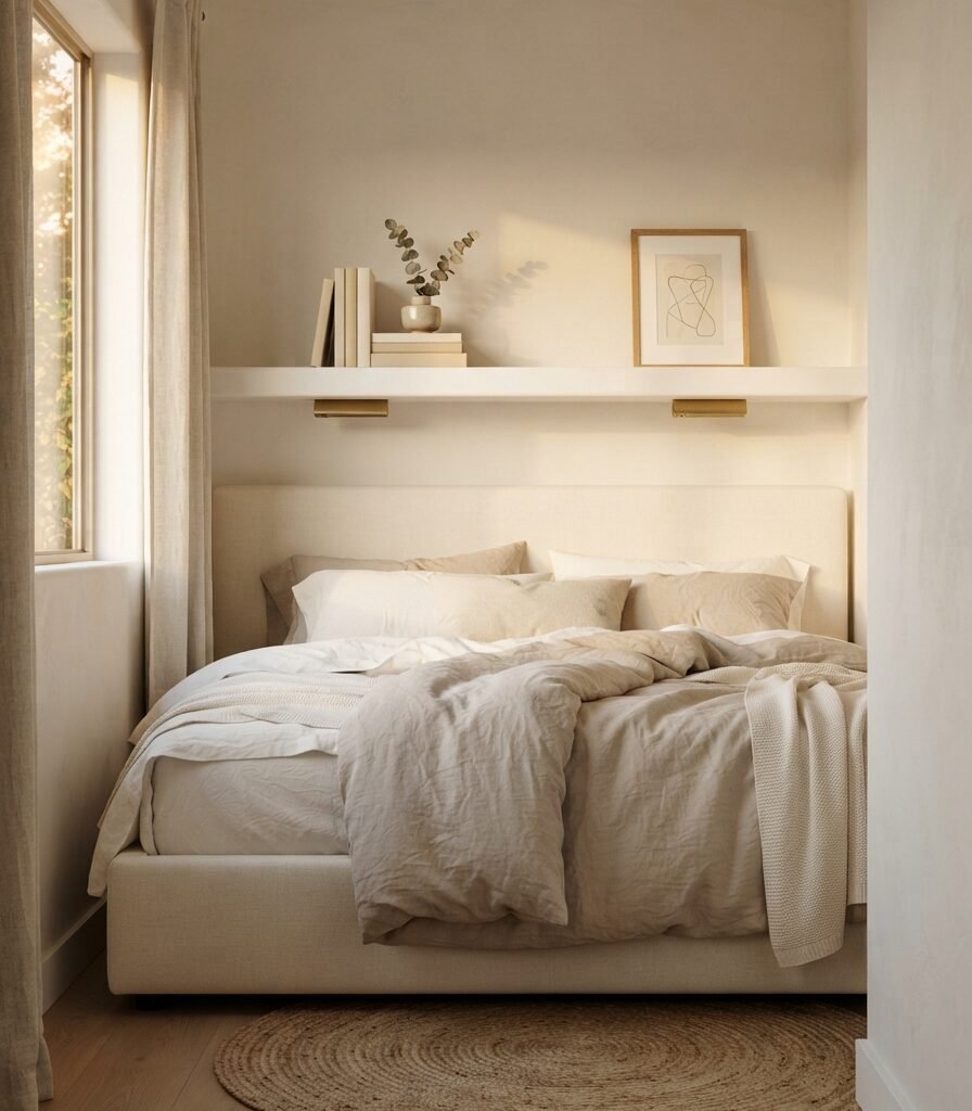 12. Tiny Bedroom Design Ideas Can Use a Built-In Headboard Shelf