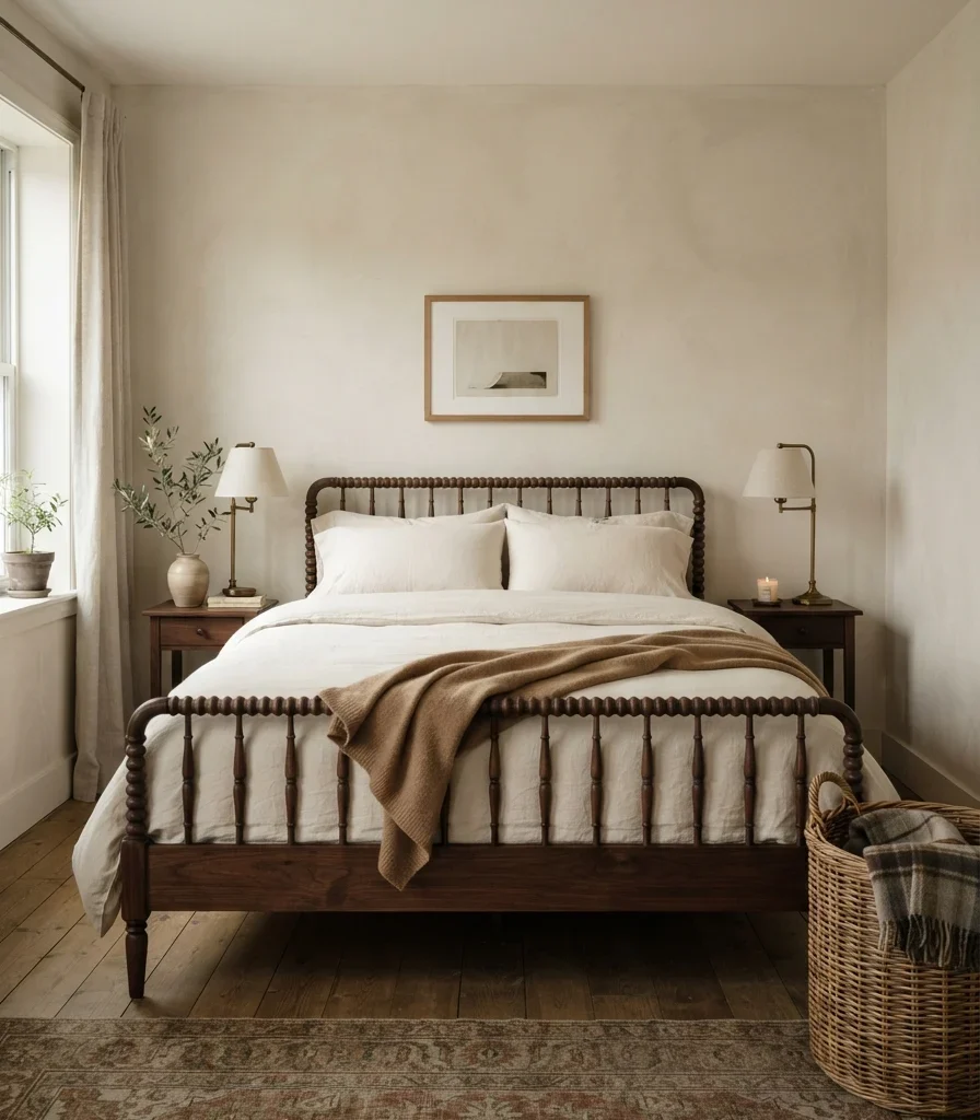 12. Use a Dark Wood Bed Against Pale Bedding