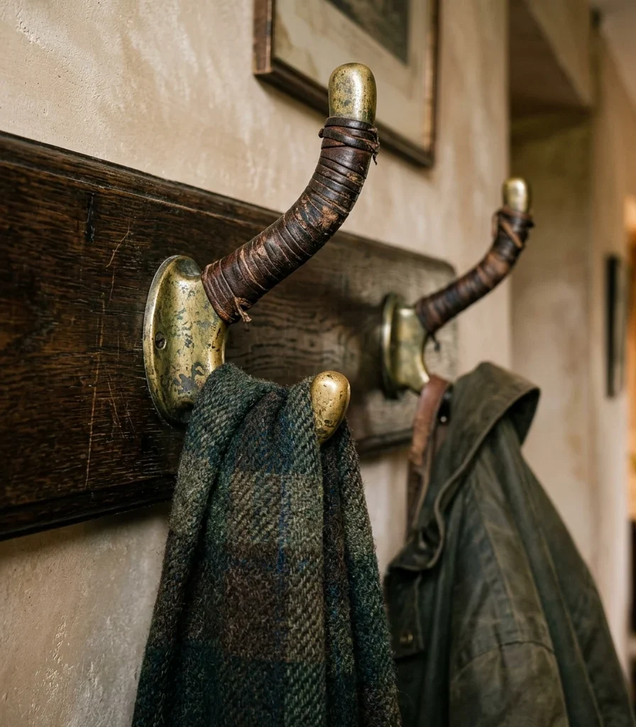 12. Worn Leather and Brass Coat Hooks
