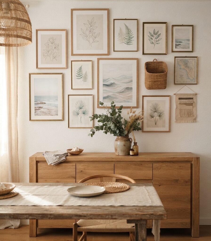 13. Coastal Gallery Wall with Botanical and Ocean Artwork