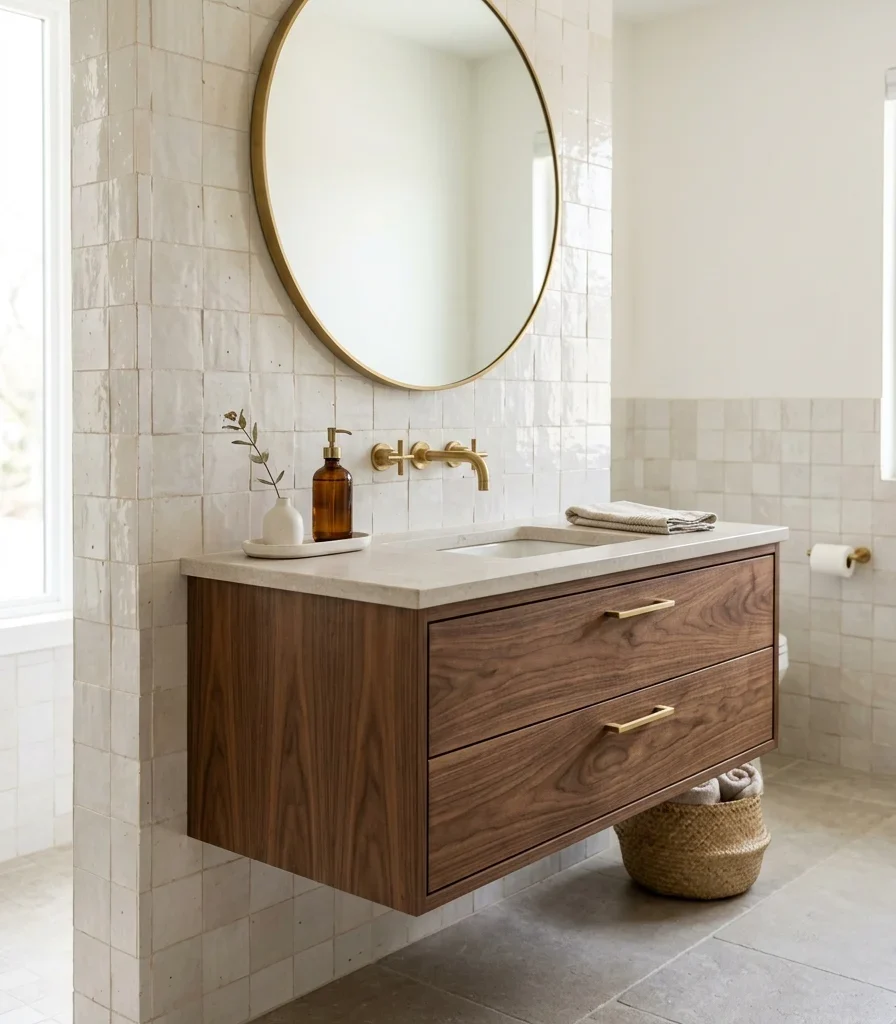 13. Floating Vanity with Full-Height Tile Surround