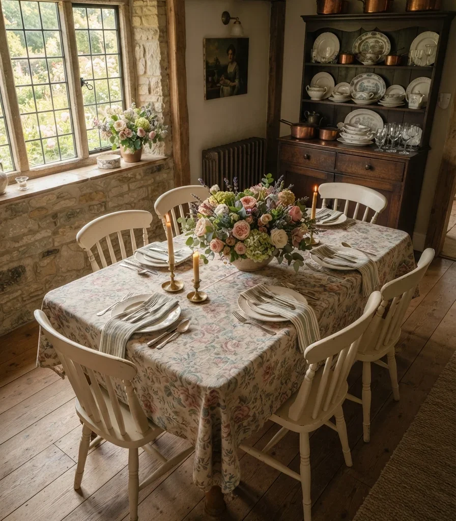 13. Introduce Pattern With a Muted Floral Tablecloth