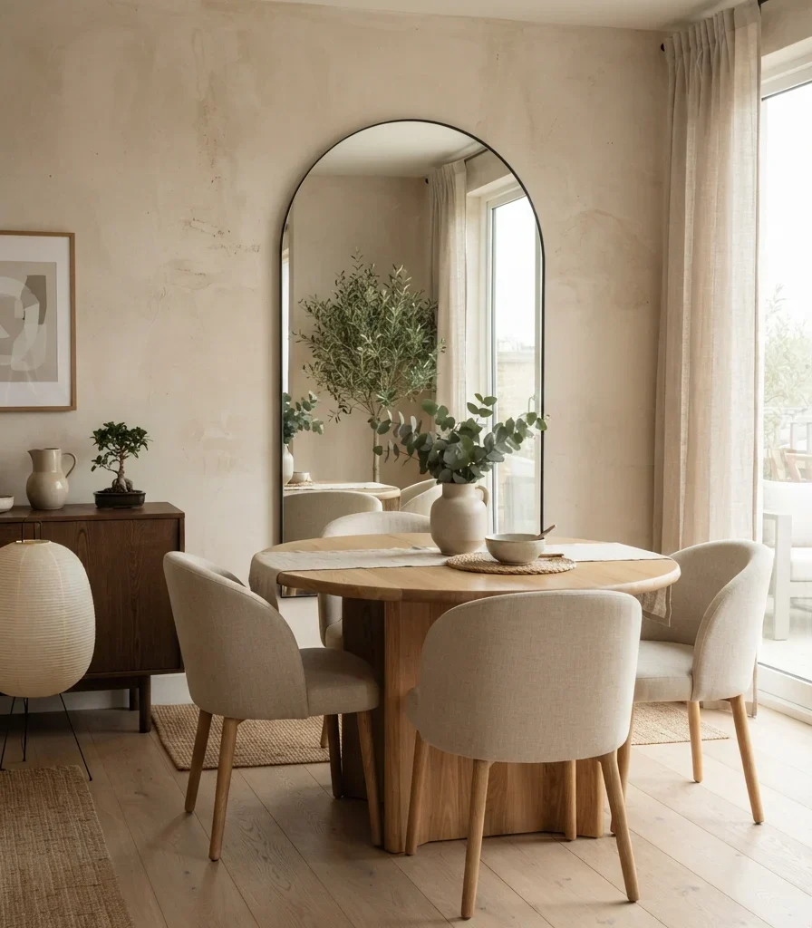 13. Japandi Dining Room With Arched Mirror