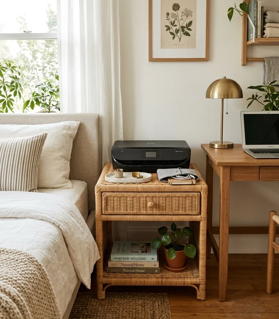 13. Rattan Nightstand That Moonlights as a Printer Stand