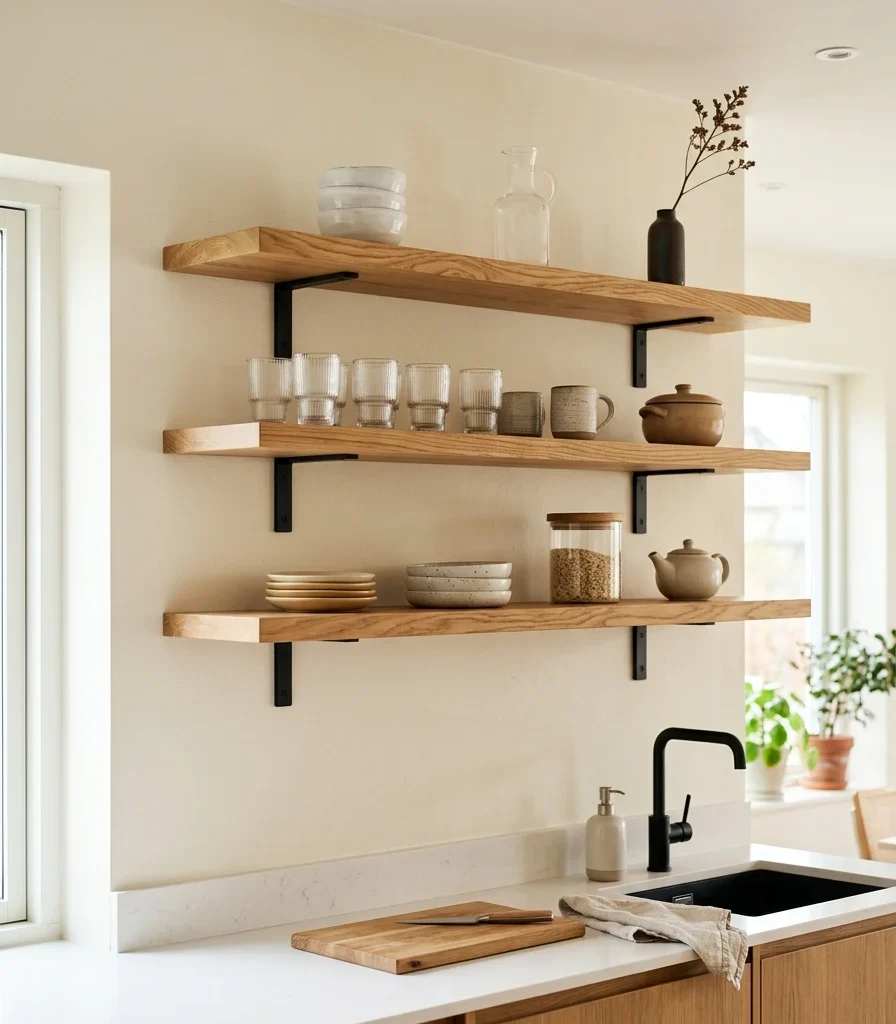 13. Replace Upper Cabinets With Floating Shelves