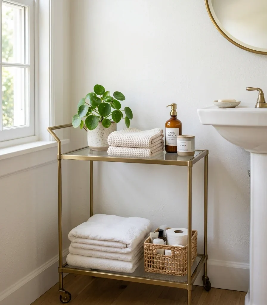 13. Repurpose a Bar Cart for Powder Room Storage