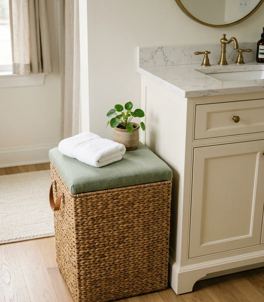 13. Woven Seagrass Hamper Doubling as Extra Seating