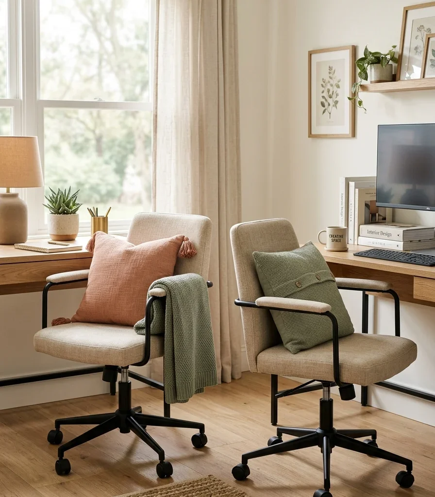 14. Matching Linen Task Chairs With Personal Throw Pillows