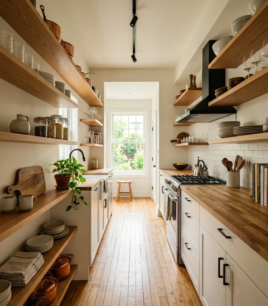 14. Open Shelving Keeps Sightlines Open in a Galley Kitchen
