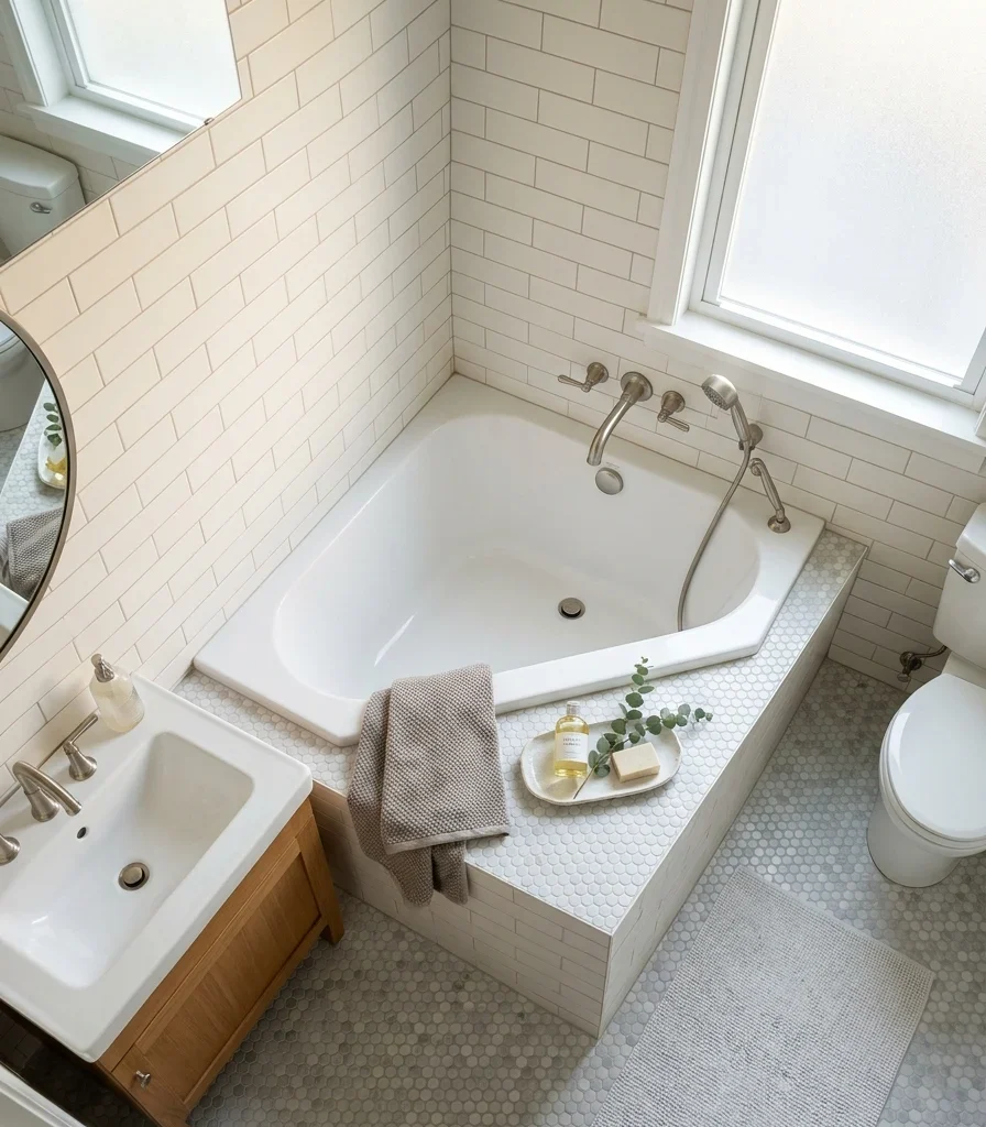 15. A Corner Tub That Solves an Awkward Footprint