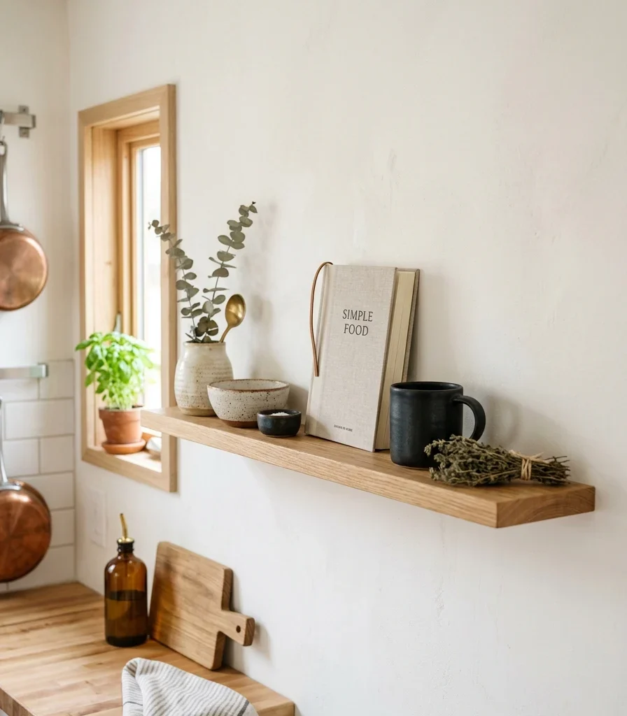 15. A Single Open Shelf Adds Storage Without Bulk in a Tiny Kitchen