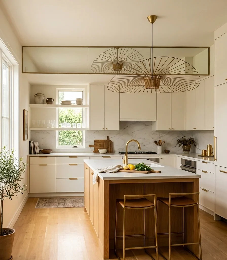 15. Add a Mirrored Ceiling Strip to Visually Raise a Low Kitchen