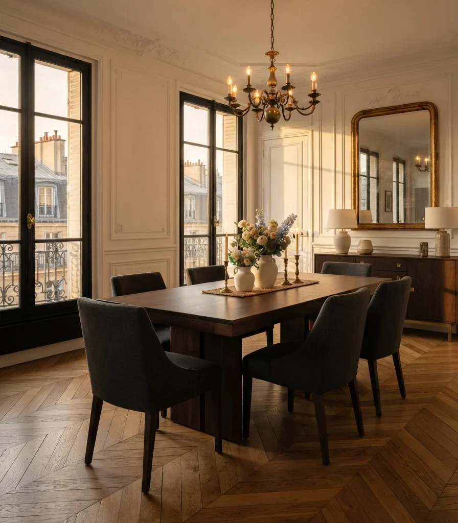 15. Chevron Parquet with a Dark Walnut Table