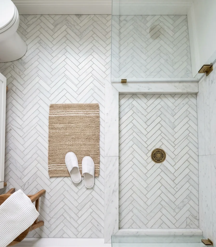 15. Herringbone Floor Tile to Define the Wet Zone