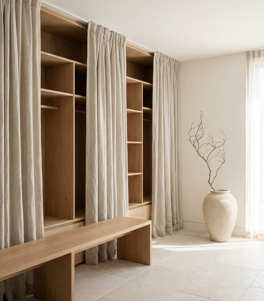 15. Linen Curtain Concealing Open Storage