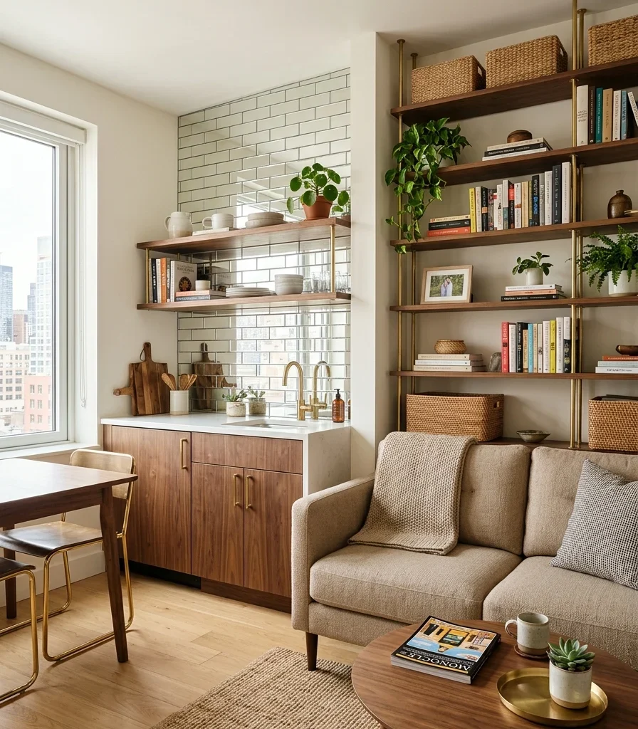 15. Small-Space Tricks for a Compact Open Kitchen and Living Room