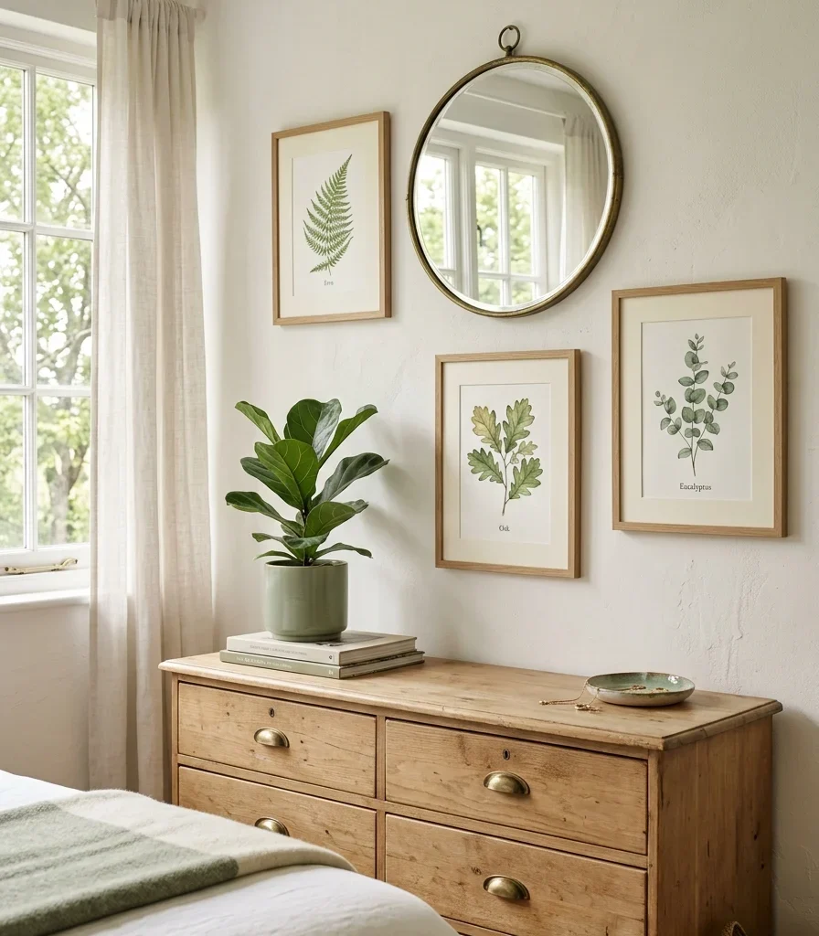 16. Botanical Print Gallery with a Vintage Mirror